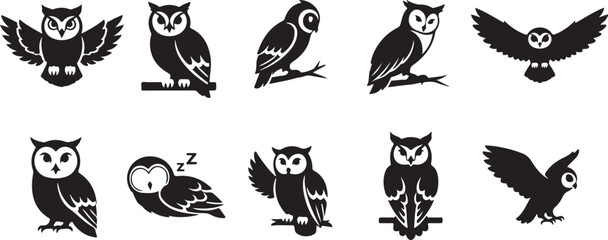 Obraz premium Owl icons, black silhouette birds, nocturnal animal symbols, vector graphics
