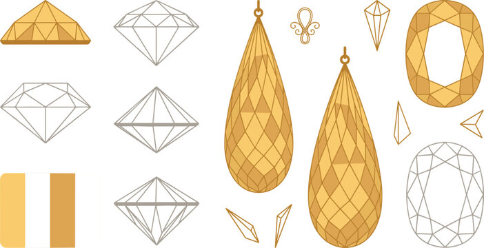 Gold diamond gemstone earring vector set with precious jewelry design shapes wireframe cuts and luxury fashion ornament elementsGold diamond gemstone earring vector 