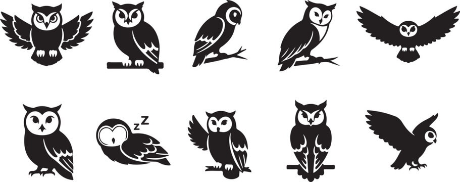 Owl icons, black silhouette birds, nocturnal animal symbols, vector graphics