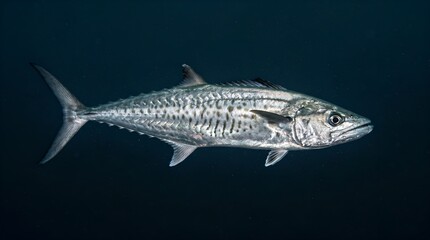 Naklejka premium A solitary Spanish Mackerel swimming in deep dark blue ocean waters.