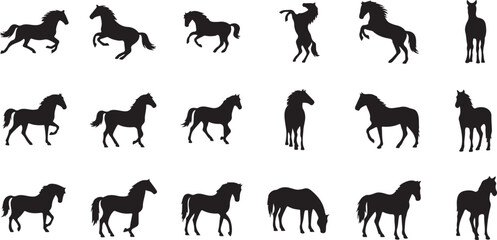 Obraz premium Black horse silhouettes, running horses, equine icons, vector graphics