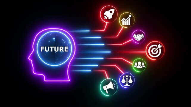 Neon future mind with glowing lines and business icons.