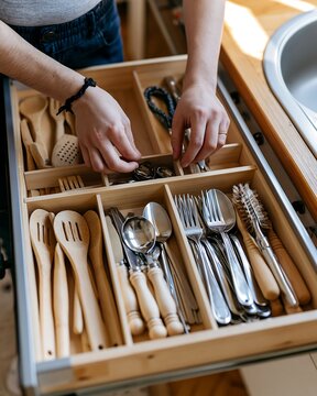 Person organizing kitchen drawer with cutlery and utensils
