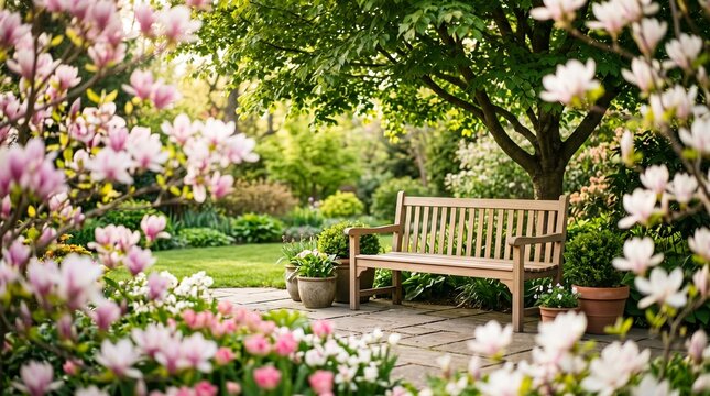 Tranquil Lush Garden Patio with Wooden Bench under Tree in Spring Dappled Sunlight