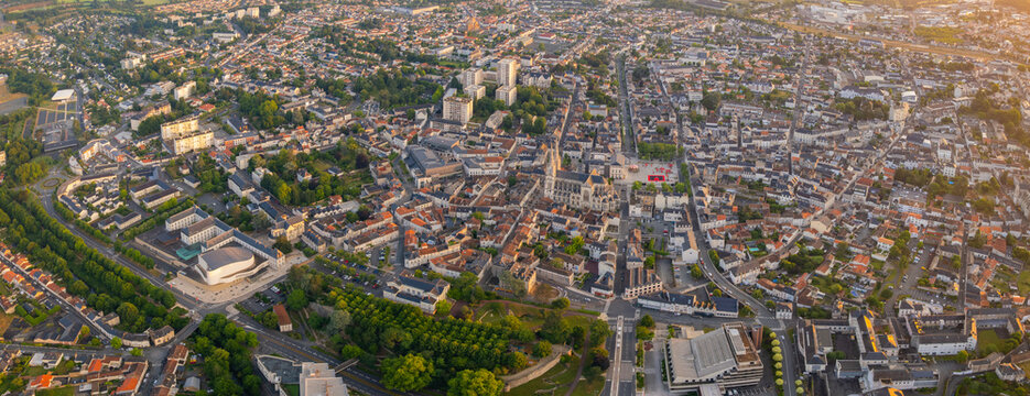 Aerial view beside the old town of the city Cholet, France on a sunny morning