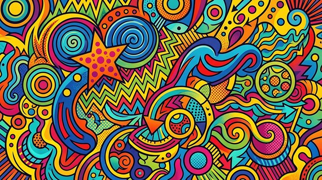 Vibrant psychedelic doodle abstract pattern with colorful shapes