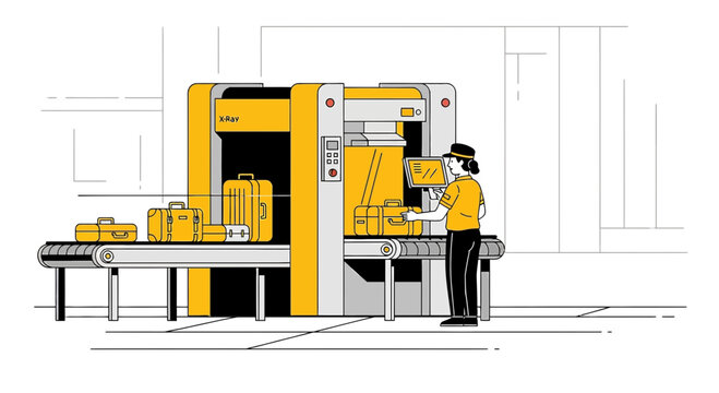 Airport Security Scanner with Luggage and Staff - Modern Baggage Inspection