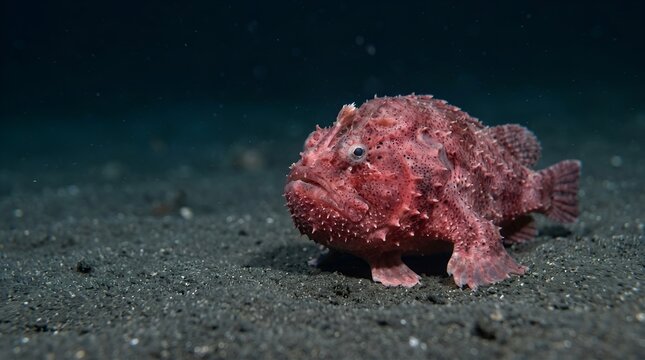 A vibrant red frogfish resting on the sandy ocean floor.