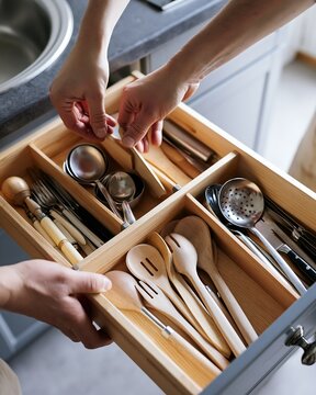 Organizing kitchen drawer with wooden utensils and cutlery