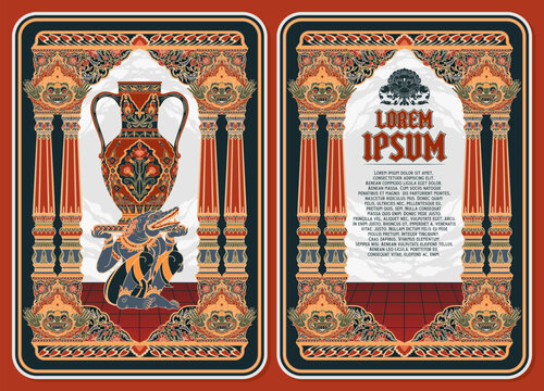 Vintage Javanese Bali Ornamental Cover and Card Template with Barong Mask and Floral Batik Pattern