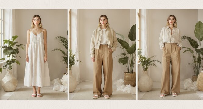 Sustainable clothing collection in eco studio showcasing ethical fashion & recycled fabrics