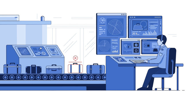 Airport Security Scanner, Luggage X-Ray Machine, Security Guard Monitoring Screen