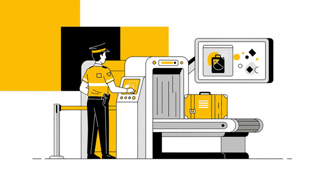 Airport Security Scanner, Luggage X-ray, Guard Checking Bag Content