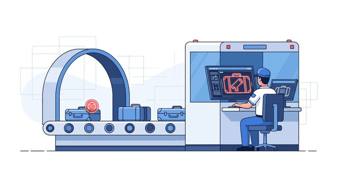 Airport Security Scanner: Luggage X-ray Machine & Officer at Work