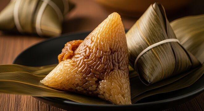 Close-up view of a freshly steamed sticky rice dumpling wrapped in bamboo leaves, a popular Asian delicacy
