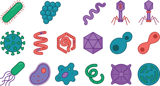 Microorganisms and virus vector icon collection featuring bacteria cells pathogens microbes and biological science elements