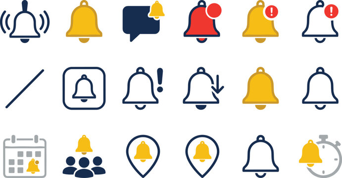 Notification bell icons collection featuring alerts reminders messages updates and communication status symbols for applications