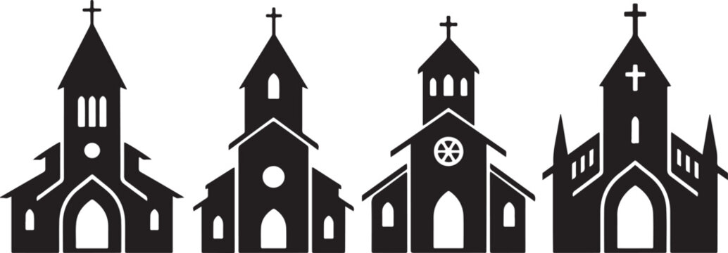Collection of church building silhouettes isolated on transparent background vector illustration.