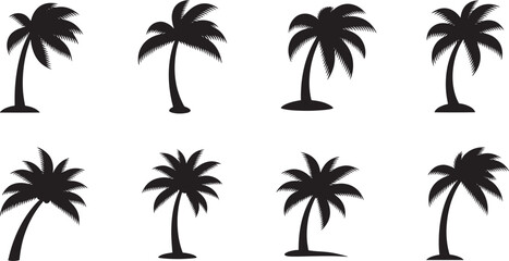 Fototapeta premium Collection of eight unique palm tree silhouettes featuring different frond shapes and tropical coastal styles.