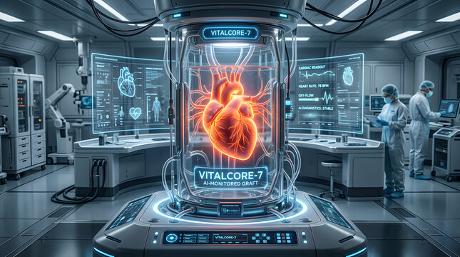 Glowing artificial heart in Vitalcore-7 bio-printing chamber.
