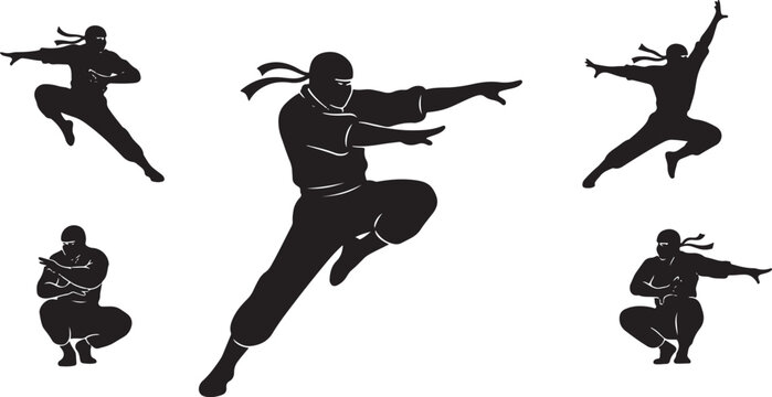 Collection of five agile ninja warriors in dynamic action poses, embodying martial arts prowess.