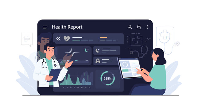 Medical professionals analyzing digital health report data on a large tablet screen interface.