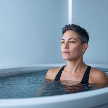 Focused woman in a cold plunge tub practicing wellness