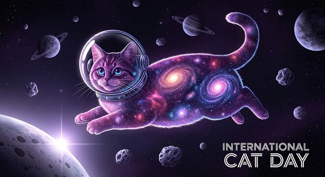 Galaxy kitten in astronaut helmet flying through outer space with sci