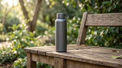 Naklejka premium Grey reusable water bottle on wooden bench in garden