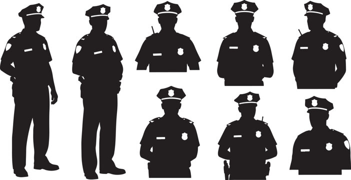 Collection of police officer silhouettes in uniform isolated on checkered background vector illustration.