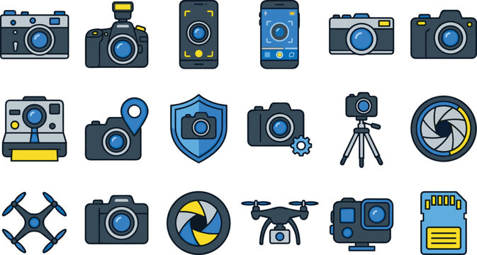 Photography and camera technology icons collection featuring digital cameras drones lenses security and mobile imaging