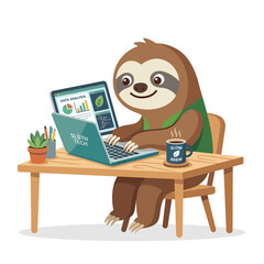 Fototapeta premium Smiling sloth works on laptop with data analysis on screen