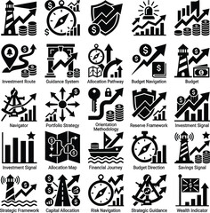 Fototapeta premium Financial planning and investment strategy icons for business growth and wealth management