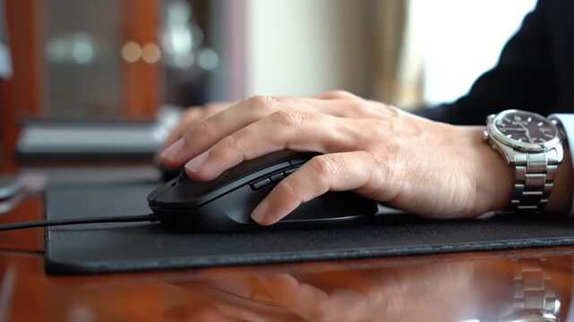 Businessman hand using computer mouse in professional office