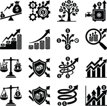 Collection of 16 black and white finance and investment icons illustrating growth profit and financial stability