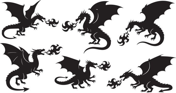 Collection of six black dragon silhouettes breathing fire, fantasy creatures, mythical beasts, digital art.