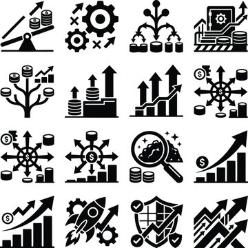 Collection of black and white business and finance icons depicting growth profit and investment