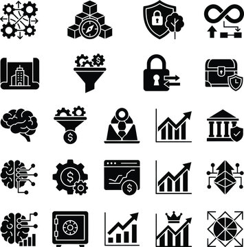 Business and finance icon set vector graphics for data analysis security growth and strategic planning concepts