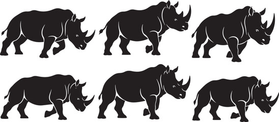Collection of six black silhouette illustrations of rhinos in various walking and charging poses, isolated. © Sheplob