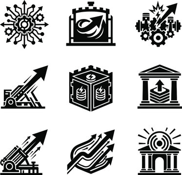 Nine black and white icons depicting business growth and financial success through industrial and architectural symbols