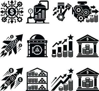 Financial growth and investment icons set for business and economy