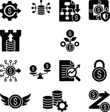 Collection of black and white business and finance icons featuring dollar signs gears and security symbols