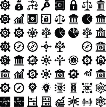 Collection of black and white business and finance icons including money banking and investment symbols