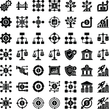 Financial icon set diverse black glyphs for business investment legal and growth concepts vector graphics