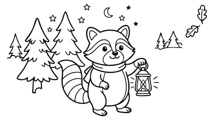 Cute raccoon holding a lantern in a night forest, adorable coloring book illustration, simple clean bold outlines, printable vector coloring page, minimal detail, pure white background. © hamxo