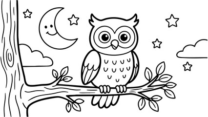 Cartoon owl sitting on a tree branch at night, moon and stars background, simple kids coloring page, bold clean black outlines, minimal details, vector artwork, pure white background. © hamxo