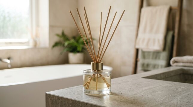 Reed diffuser with essential oil in glass bottle on stone bathroom vanity