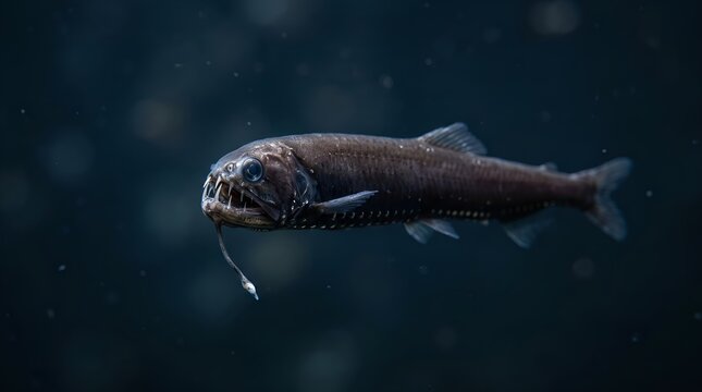 Deep sea dragonfish swimming in the dark ocean depths.