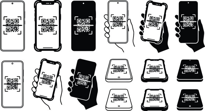 Smartphone QR code scanning collection featuring mobile payment authentication and digital verification technology icons