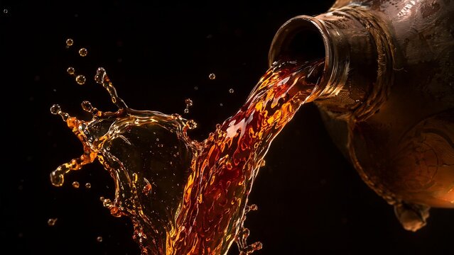 Dark amber liquid pouring from a flagon in a dynamic splash.